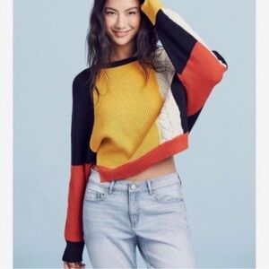 Cliche Vintage Y2k Oversized Chunky Cable Knit Retro Crop Pullover Colorblock